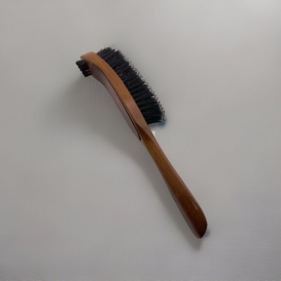 Vintage Wood Lint Clothes Brush HERS Leather w Shoe Horn Handle Double Sided - Picture 5 of 6